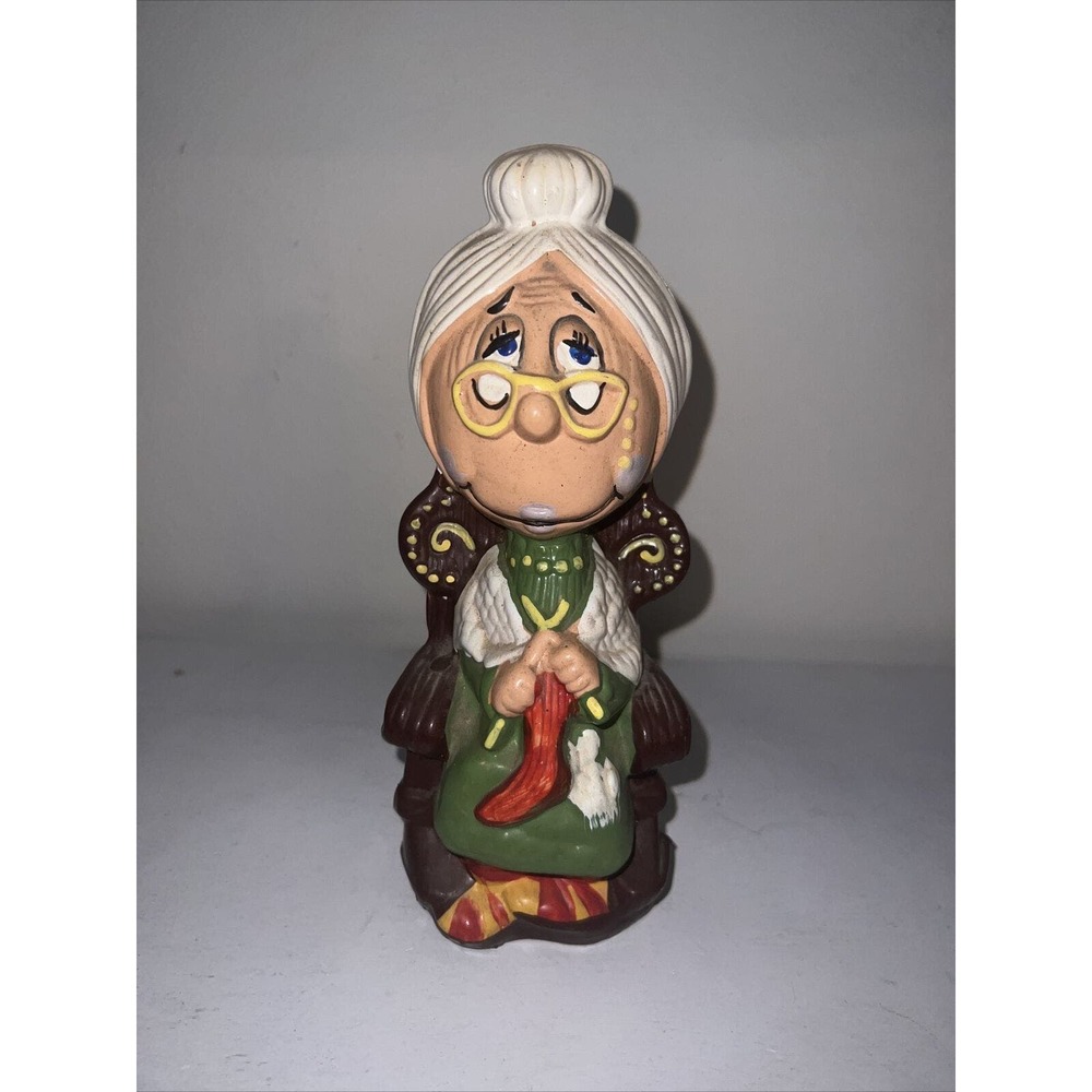 Vintage Granny Grandma Old Woman Knitting Piggy Bank 9.5 Inches Tall